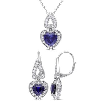 Mimi & Max 8-5/8ct TGW Created Blue White Sapphire 2-Piece Halo Heart Jewelry Set Sterling Silver