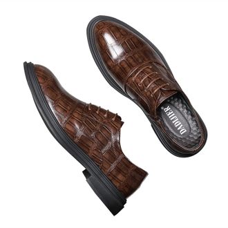 Generic Dress Formal Shoes for Men Lace Up Crocodile Embossed Round Toe PU Leather Non Slip Resistant Anti-Slip Low Top Rubber Sole Wedding(Brown,6.5 UK)