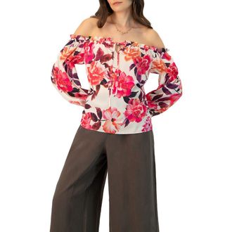 Ivonne Off-Shoulder Long Sleeve Printed Blouse in Ivory at Nordstrom, Size 10