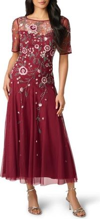 Adrianna Papell Beaded Flutter Sleeve Mesh Cocktail Dress in Mahogany at Nordstrom, Size 10