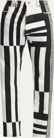 Versace Mens Two-Tone Greca Paneled Straight-Leg Pants