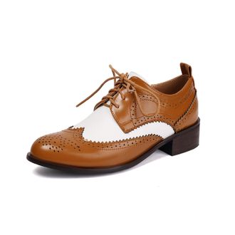 Generic Womens Low Block Heel Vintage Brogues Lace Up Smart Shoes Pointed Toe PU Leather Oxford Shoes,Brown,5.5 UK