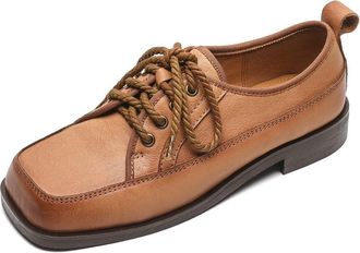TinaCus Womens Square Toe Genuine Leather Handmade Selftie Flat Oxford Shoes, Caramel, 6.5 UK