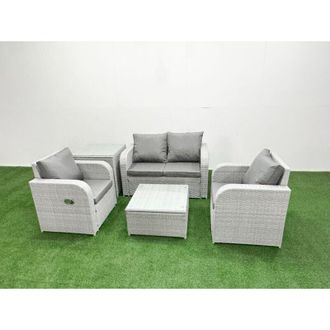 Fimous Light Grey pe Wicker Rattan Garden Furniture Set Sofa Set Reclining Adjustable Chair Square Coffee Table 4 Seater With 2 Side Table - Fimous