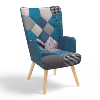 IDMarket Poltrona Scandinava Ivar In Tessuto Patchwork E Velluto Blu