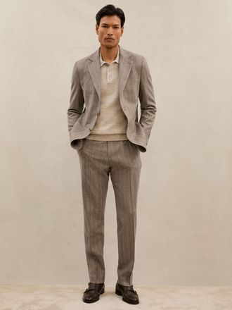Reiss Atelier Oatmeal Brown Pinstripe Double-breasted Blazer Wool Slim-fit, 38