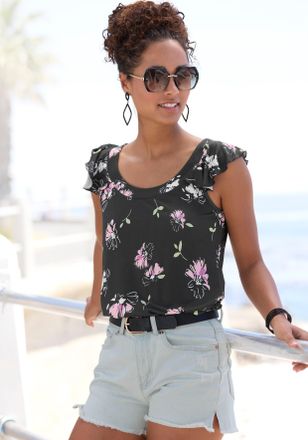 Vivance Rundhalsshirt VIVANCE, Damen, Gr. 32/34, schwarz (schwarz, mauve bedruckt), Jersey, Obermaterial: 100% Viskose, bedruckt, figurumspielend h&uuml;ftlang, Ru