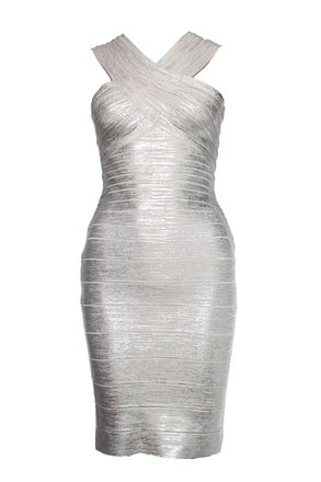 H&eacute;rve L&eacute;ger by Max Azria, silver off shoulder body con dress
