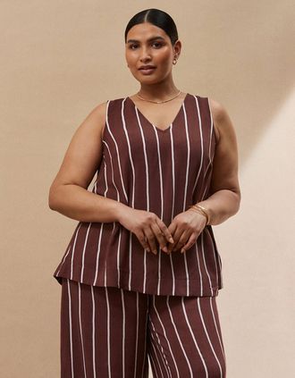 Live Unlimited London Womens Chocolate Brown Stripe V Neck Top - Size: 16