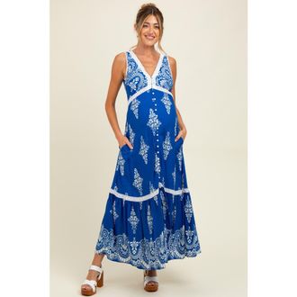 Pinkblush Border Print Resort Maxi Dress in Royal Blue at Nordstrom, Size Large