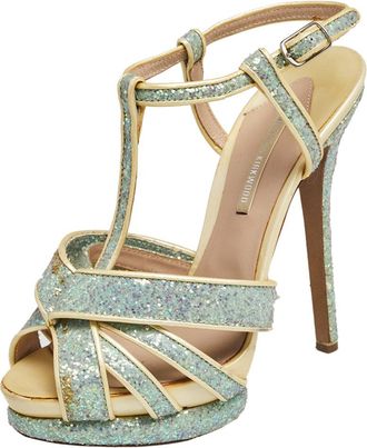 Nicholas Kirkwood Blue/cream Patent Leather And Glitter T Strap Platform Sandals