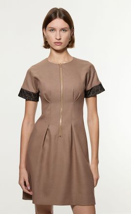 Karen Millen Womens Petite Tailored Twill Lace Mix Zip Front Mini Dress - Taupe - Size 10 UK