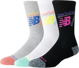 New Balance Unisex Active Graphic Crew Socks 3 Pack in Grey/Black/White Polyester, size X-Large