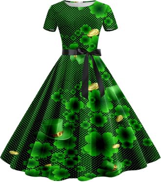 Generic Womens St Patricks Day Short Sleeve Dress Clover Pattern Dress Irish Vintage Retro Fancy Dress Irish Swing Dancing Dress