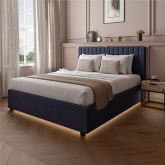 X Rocker Maisie Velvet Upholstered Ottoman Bed with Storage & LED Lights in Navy | Size: King