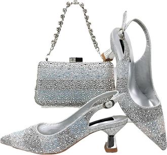 Generic Womens Satin Pointy Toe Pumps and Clutch Bag Set Sparkly Rhinestone Decoration for Evening Party Wedding