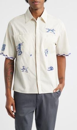 Jungles Live Life with Ease Embroidered Short Sleeve Poplin Button-Up Shirt in Birch at Nordstrom Rack, Size Small