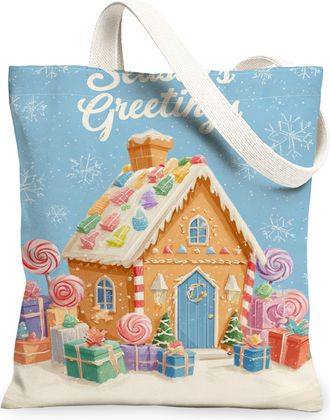 Generic Christmas Gingerbread House Canvas Tote Bags, Holiday Design Reusable Grocery Bags, Vintage Washable Lightweight for Travel 13x15 Inch