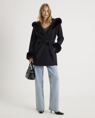 River Island Womens Coat Black Faux Fur Trim Hooded - Size 12 UK