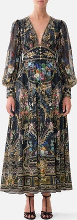 Camilla Shaped Waistband Dress With Gathered Sleeves in Night Garden at Nordstrom, Size Xx-Small