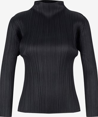 Issey Miyake Langarm-Top mit Stehkragen aus plissiertem Cr&ecirc;pe