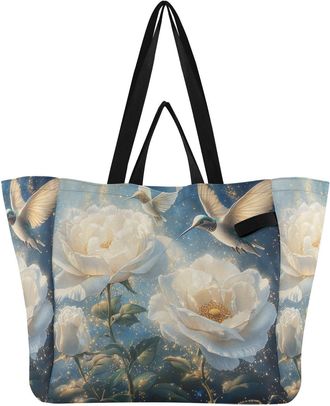Generic Flowers White Bird print Reusable Canvas Tote Bag, Heavy Duty Grocery Shopping Bag with Large Capacity Hard Bottom Double Handles Work Groceries Trave
