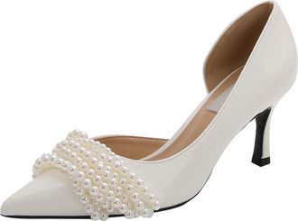 Generic Women Pointed Toe High Heel Stiletto Pumps 7CM Patent Leather Pearl Bow Side Cut-Out Wedding Evening Party (5.5) White