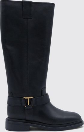 Twinset Knee-High Smooth Leather Biker Boots with Double Pull-Tabs