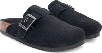 Staheekum Womens Crescent Suede Clog Slippers - Slip-On Mules with Microsuede Lining and Defender Water & Stain Repellent, Black, 5.5 UK Wide