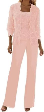 Generic 3 Pieces Lace Chiffon Mother of The Bride Pant Suits with Jackets Sequins Wedding Guest Dresses for Women (Blush-Pink,3XL)