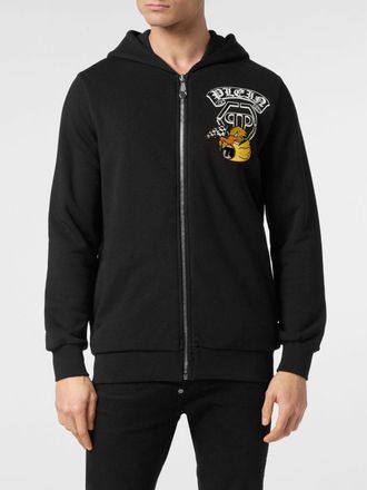 Philipp Plein Zipped Cotton Hoodie with Graphic Print and Hexagon Logo