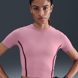 Nike Womens One Fitted Dri-FIT Short-Sleeve Top in Pink | HM9637-699