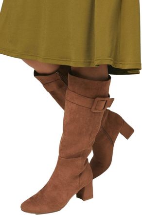 Wallis Hawthorn Faux Suede Covered Buckle Detail Square Toe Medium Block Heel Knee Boots, 5, Taupe