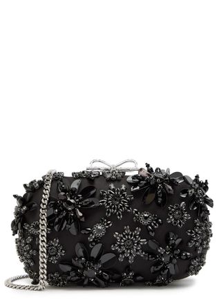 Self Portrait Floral-embellished Satin box Clutch - Black - One Size