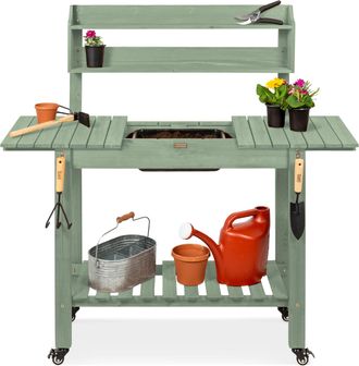 Best Choice Products Wood Garden Potting Bench Workstation Table w/ Sliding Tabletop, 4 Locking Wheels, Dry Sink