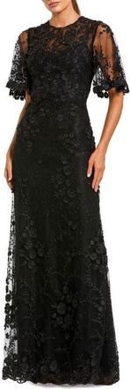 Mac Duggal Petite Flutter Sleeve Floral Embroidered Net Gown in Black at Nordstrom, Size 18