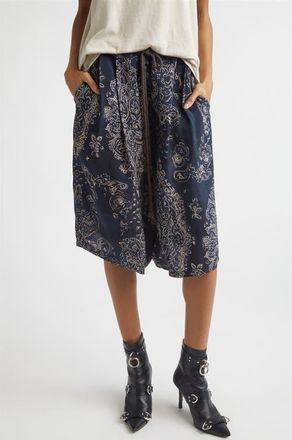 R13 Pleated Jumbo Drawstring Waist Cupro Shorts in Blue Medallion Print at Nordstrom, Size X-Small