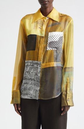 Jason Wu Collage Sheer Organza Button-Up Shirt in Yellow Multi at Nordstrom, Size 6