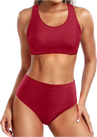 Generic Womens High Waisted Bikini Set Halter Padded Swimsuit Bathing Suit Push Up Halter Swimsuits Push Up Bikini Top with High Waisted Bottom Boho Hawaiian 