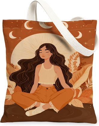 Generic Bohemian Floral Canvas Tote Bags, Nature Inspired Lightweight Washable Grocery Bags, Autumn Vintage Artistic Shoulder Strap, Brown, 13x15 Inch