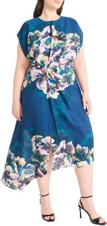 Maggy London Floral Short Sleeve Asymmetric Hem Midi Dress in Deep Teal/Light Royal Lilac at Nordstrom Rack, Size 14 W