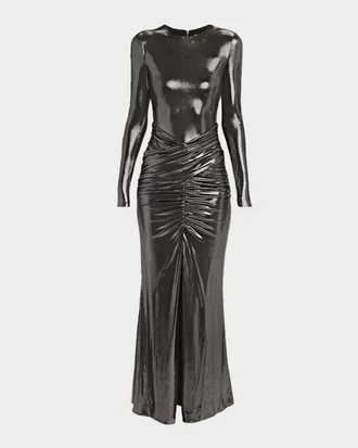 Et Ochs Stealla Metallic Ruched Long-Sleeve Gown