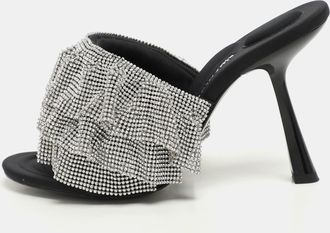 Alexander Wang Silver/black Ruffled Detail Crystal And Fabric Nala Slide Sandals