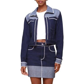 Avec Les Filles Colorblock Crop Denim Jacket in Dark Rinse Wash at Nordstrom, Size Medium