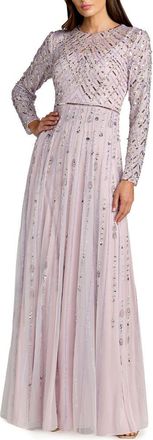 Mac Duggal Hand Embellished Long Sleeve A-Line Gown in Vintage Lilac at Nordstrom, Size 18