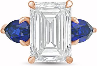Diana M. Jewels 14kt rose gold lab grown 4ct emerald diamond ring with sapphire pears on the sides