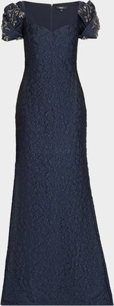 Badgley Mischka Puff-Sleeve Jacquard Mermaid Gown