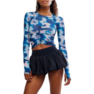 Free People FP Movement Tempo Ruched Crop Top in Watercolor- Blue at Nordstrom, Size X-Small
