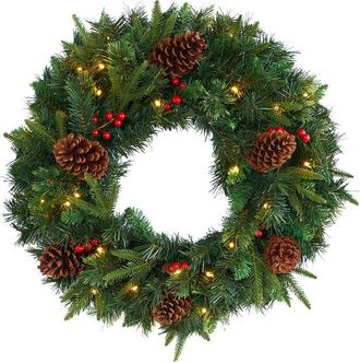 Nearly Natural 24in. Mixed Pine Artificial Christmas Wreath With 35 Clear LED Lights And Berries