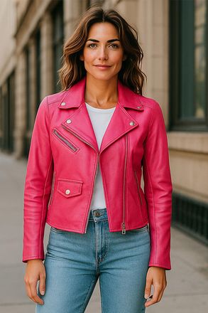 Infinity Leather Womens Fuschia Pink Classic Brando Biker Jacket - Soweto Lamb Leather - Size 24 UK